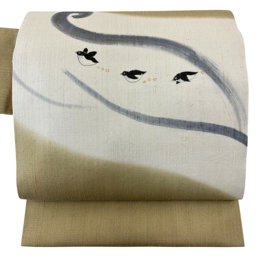 【美品】 名古屋帶 逸品級 企鵝 金彩裝飾 染分 薄茶 純蠶絲