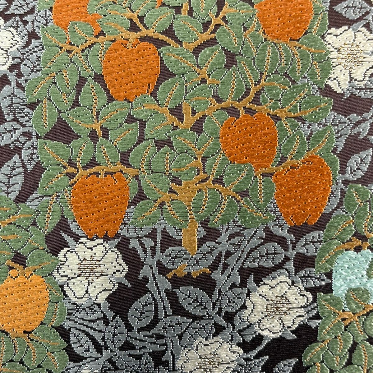 袋帶 逸品級 山口美術織物 落款あり 果樹小花紋 金金箔 唐織 茶紫 六通 純蠶絲
