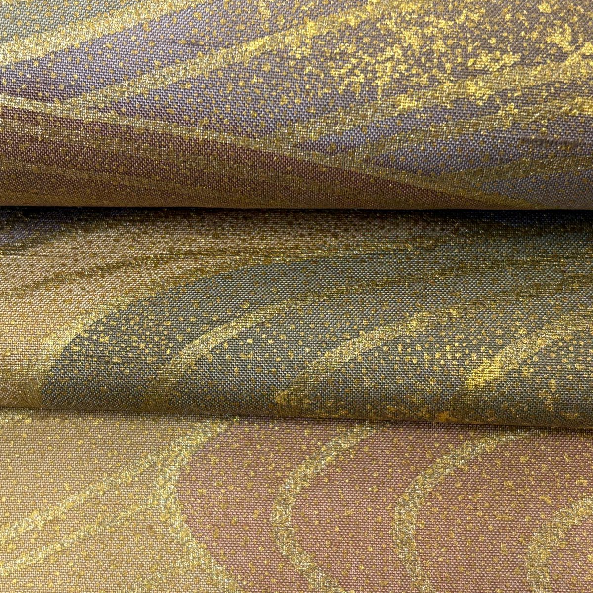 【美品】 袋帶 逸品級 落款 牛首紬織織 波頭 金銀彩 薄茶 全通 純蠶絲