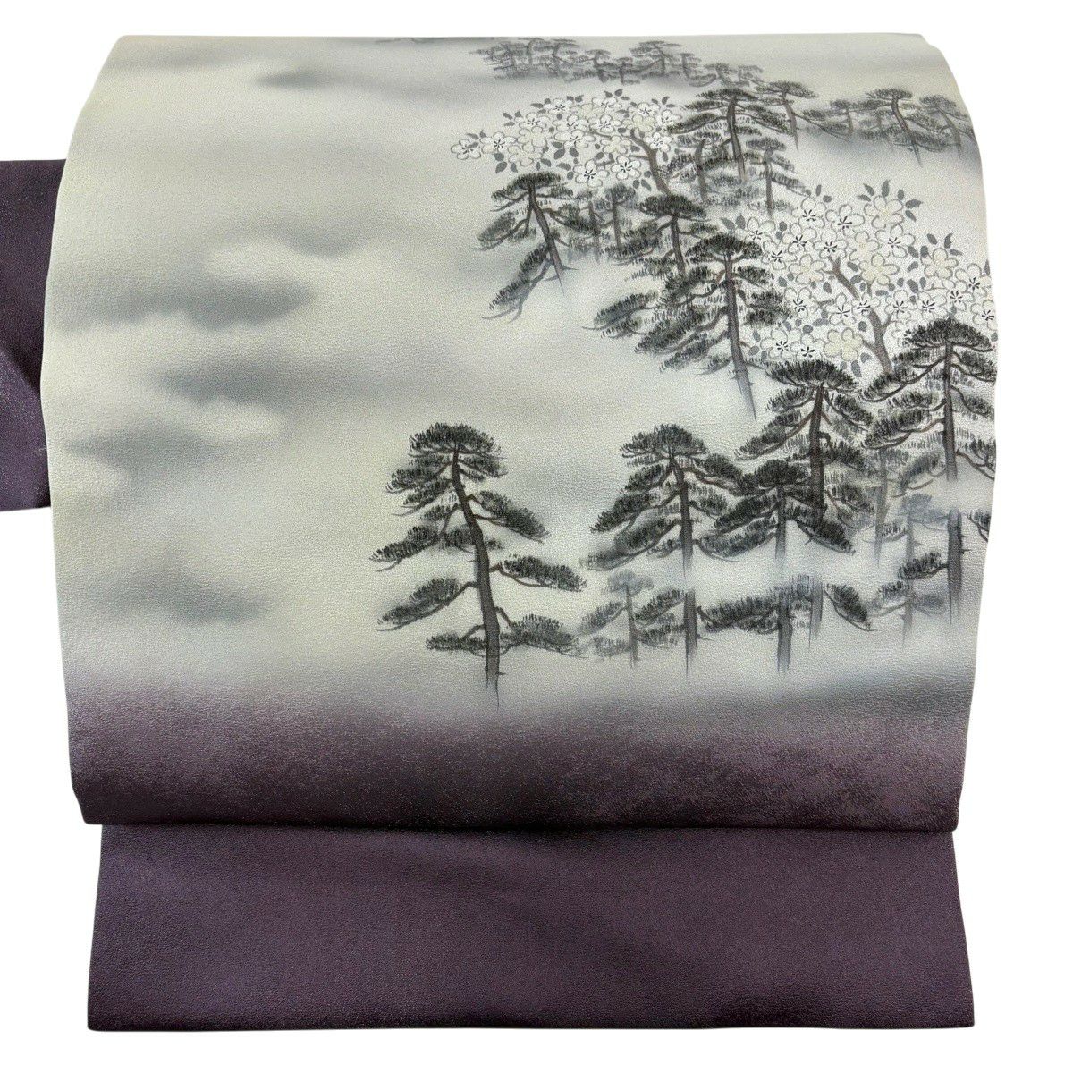 【美品】 名古屋帶 逸品級 樹木 枝花 銀通 金銀彩 灰紫 純蠶絲