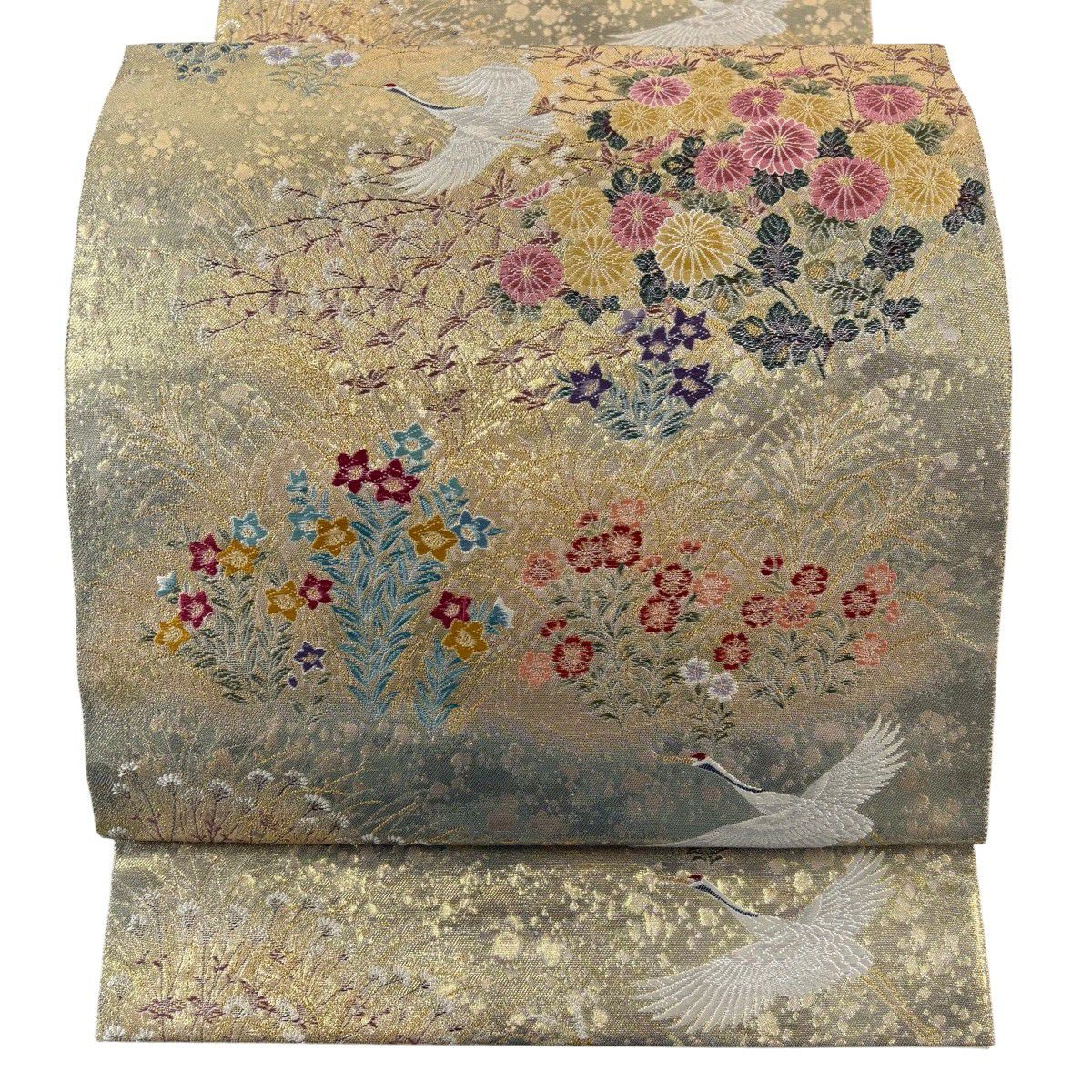 【美品】 袋帶 逸品級 長嶋成織物 附有落款 附有證書 仙鶴 草花紋紋 金金箔 金絲 金色 六通 純蠶絲