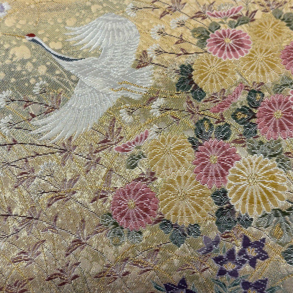 【美品】 袋帶 逸品級 長嶋成織物 附有落款 附有證書 仙鶴 草花紋紋 金金箔 金絲 金色 六通 純蠶絲