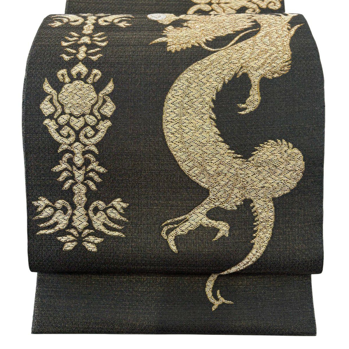 【美品】 袋帶 逸品級 龍 草花紋紋 金金箔 金絲 深綠 お太鼓柄 純蠶絲