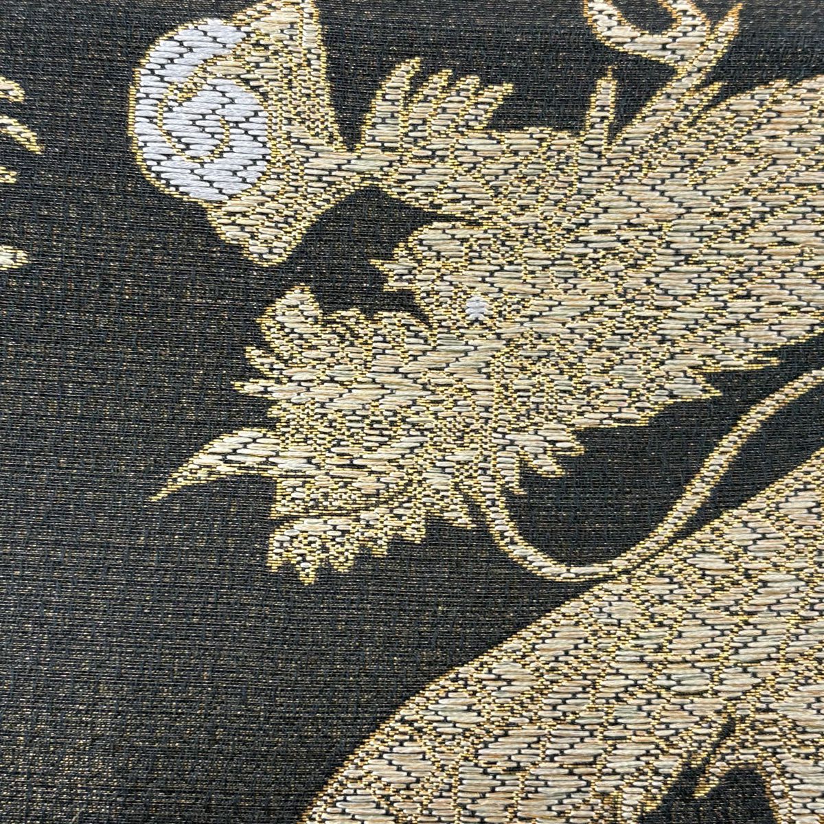 【美品】 袋帶 逸品級 龍 草花紋紋 金金箔 金絲 深綠 お太鼓柄 純蠶絲