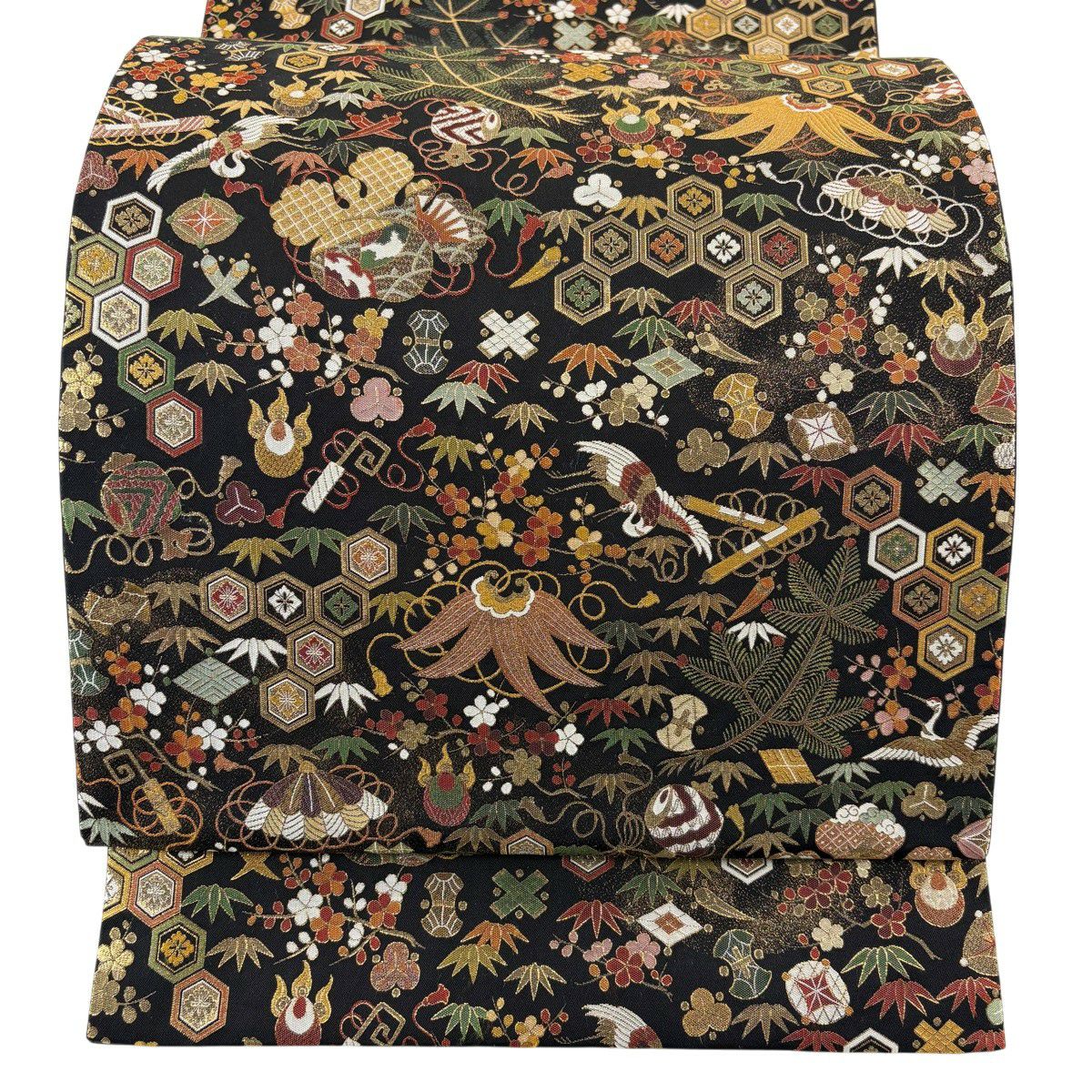 【美品】 袋帶 逸品級 寶盡くし 松樹竹子梅花 金金箔 金絲 黑 六通 純蠶絲