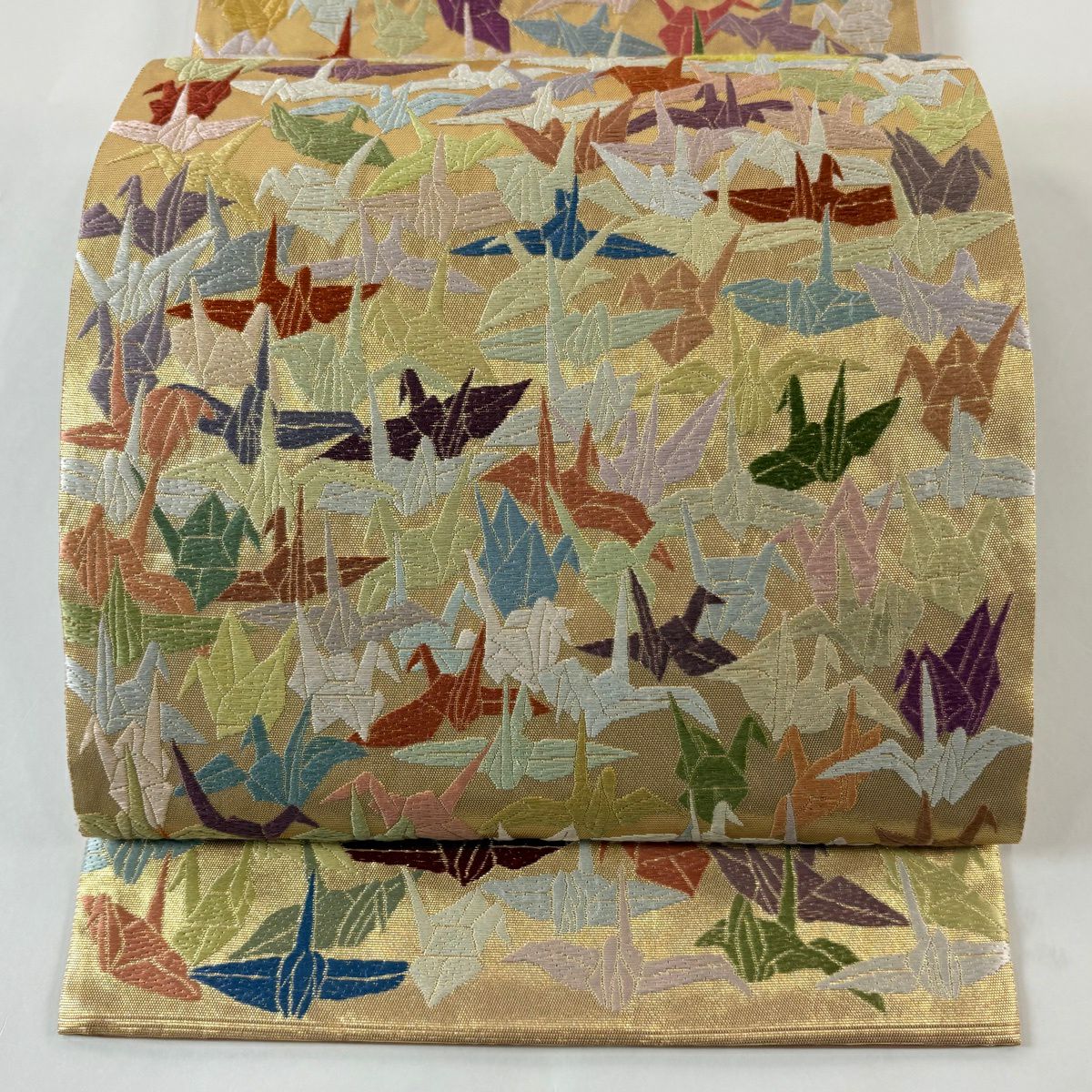 【美品】 袋帶 逸品級 山口美術織物 落款あり 山口弘躬 千羽仙鶴 唐織 金金箔 金色 全通 純蠶絲