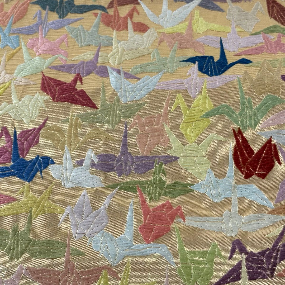 【美品】 袋帶 逸品級 山口美術織物 落款あり 山口弘躬 千羽仙鶴 唐織 金金箔 金色 全通 純蠶絲