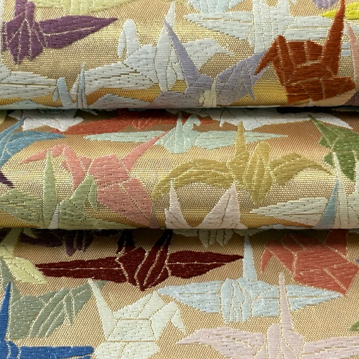 【美品】 袋帶 逸品級 山口美術織物 落款あり 山口弘躬 千羽仙鶴 唐織 金金箔 金色 全通 純蠶絲
