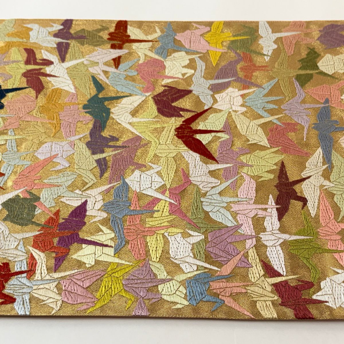【美品】 袋帶 逸品級 山口美術織物 落款あり 山口弘躬 千羽仙鶴 唐織 金金箔 金色 全通 純蠶絲