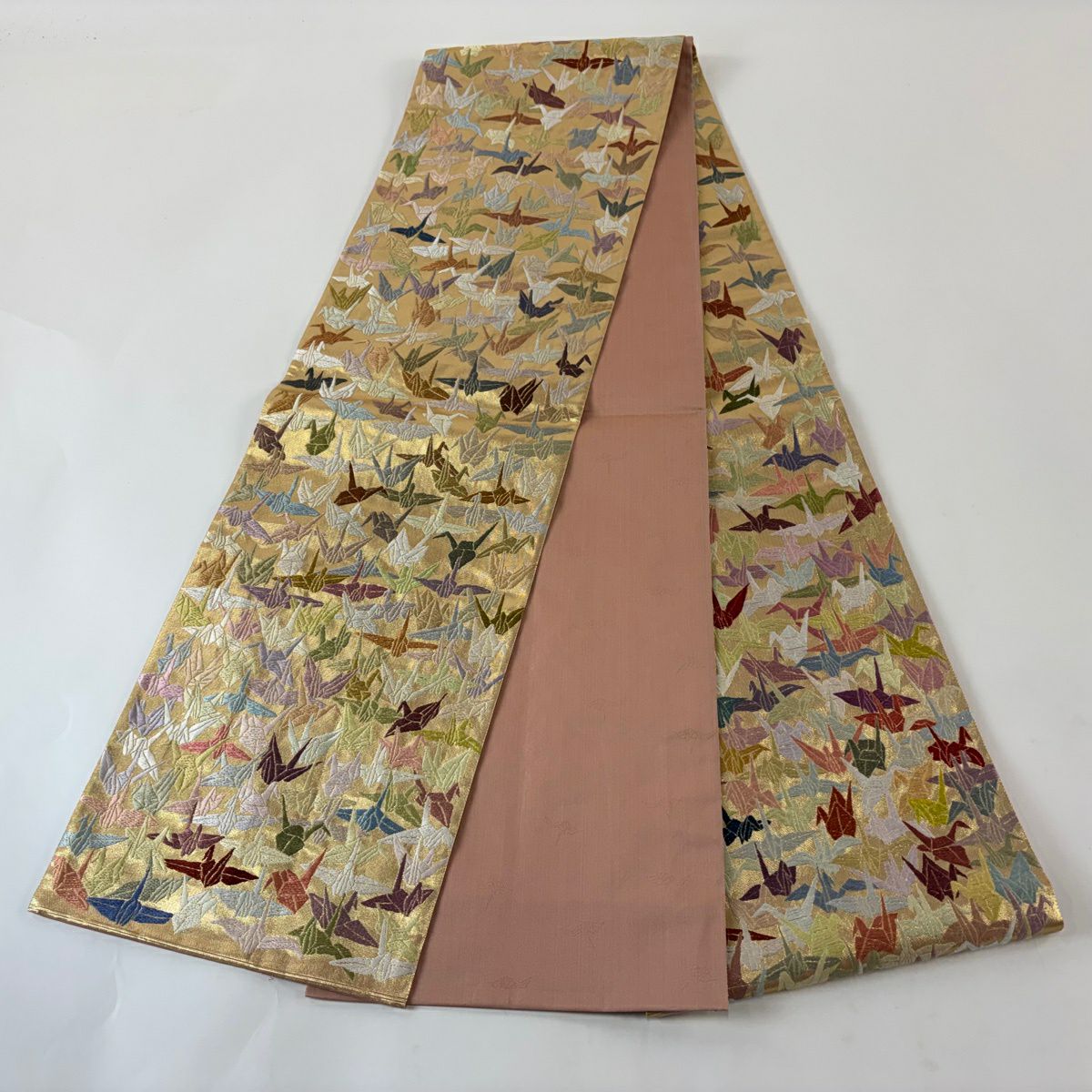 【美品】 袋帶 逸品級 山口美術織物 落款あり 山口弘躬 千羽仙鶴 唐織 金金箔 金色 全通 純蠶絲