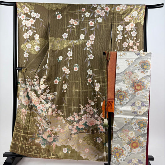 振袖禮服 身長160.5cm 袖長63.5cm S 雙層 袋帶全套 花車 枝花 金絲 金銀彩 茶 純蠶絲 優品級