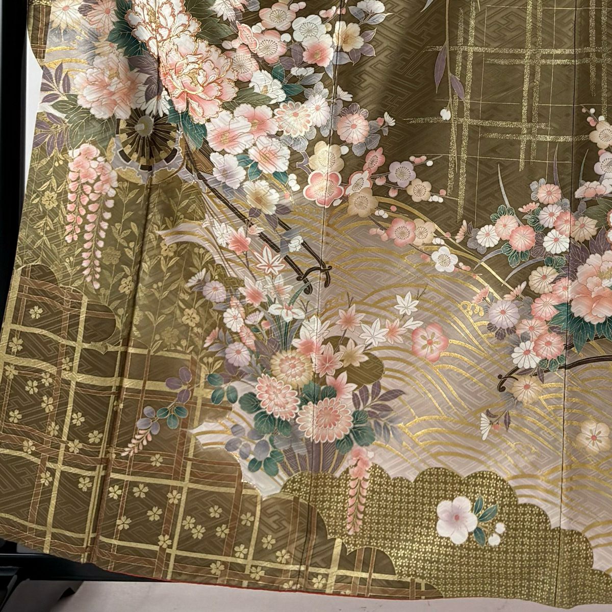振袖禮服 身長160.5cm 袖長63.5cm S 雙層 袋帶全套 花車 枝花 金絲 金銀彩 茶 純蠶絲 優品級