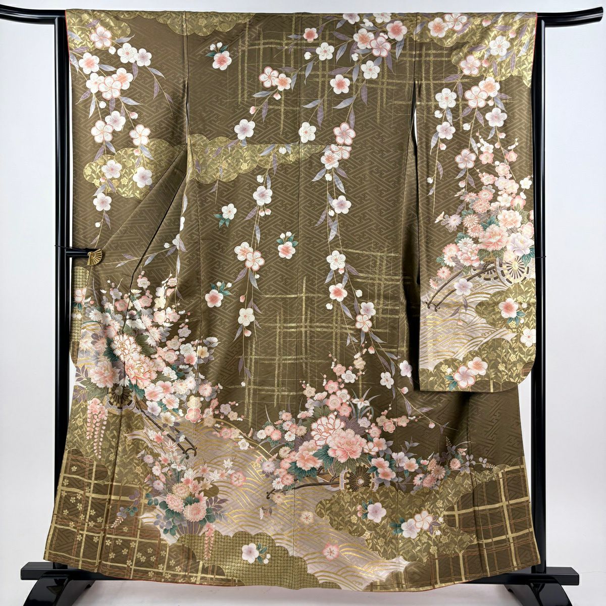 振袖禮服 身長160.5cm 袖長63.5cm S 雙層 袋帶全套 花車 枝花 金絲 金銀彩 茶 純蠶絲 優品級