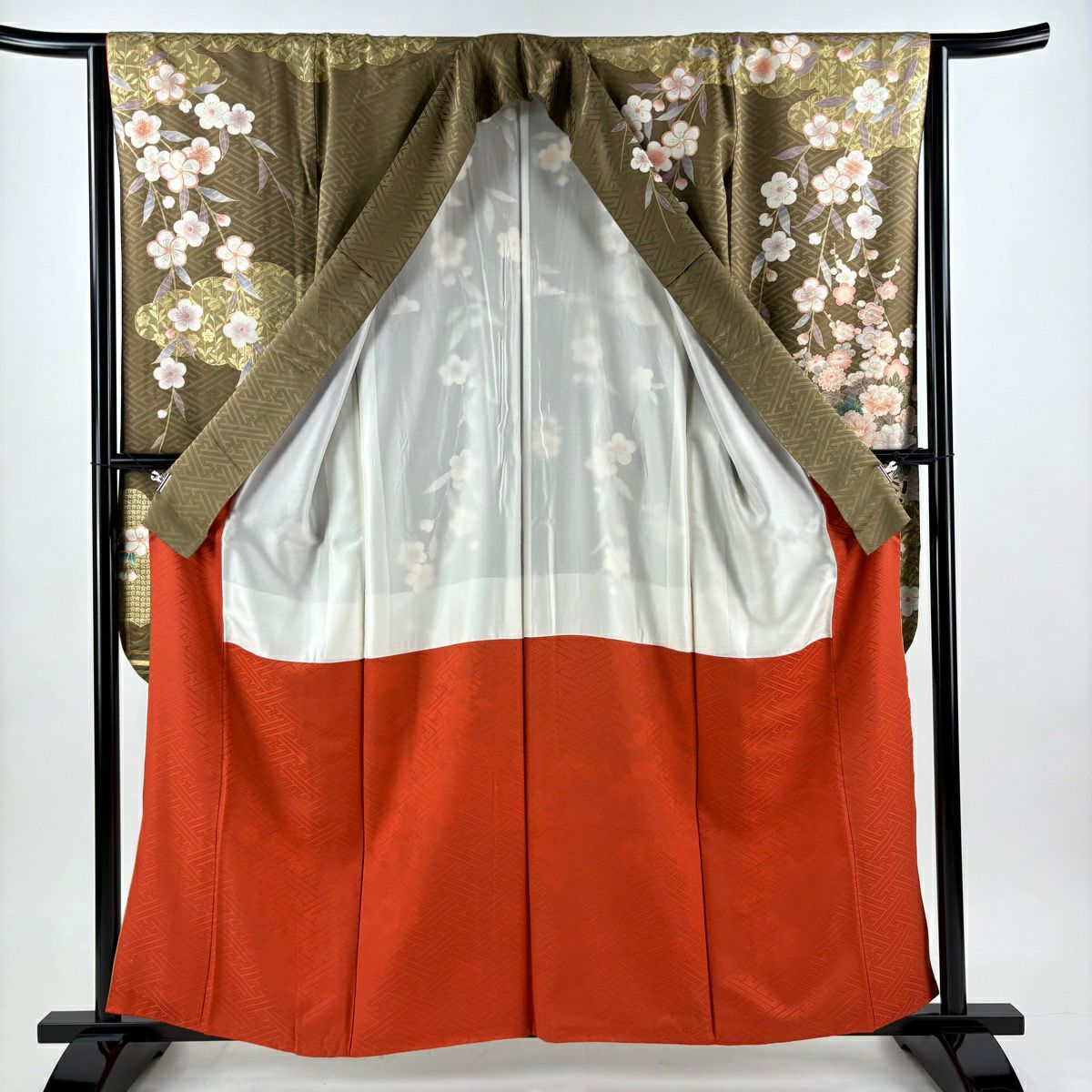 振袖禮服 身長160.5cm 袖長63.5cm S 雙層 袋帶全套 花車 枝花 金絲 金銀彩 茶 純蠶絲 優品級