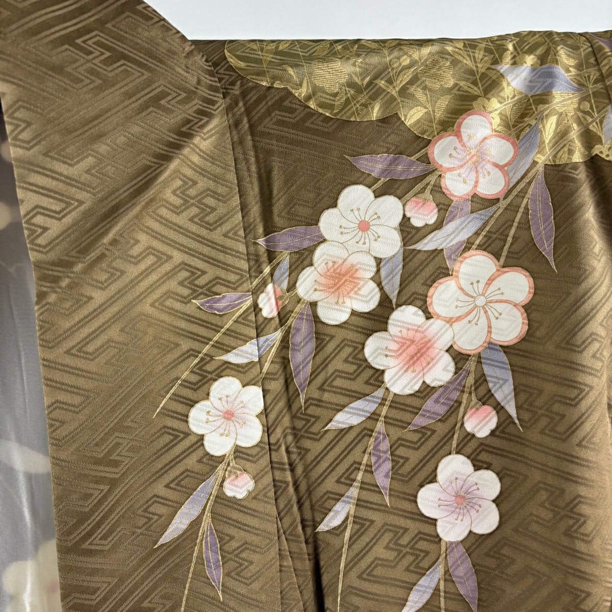 振袖禮服 身長160.5cm 袖長63.5cm S 雙層 袋帶全套 花車 枝花 金絲 金銀彩 茶 純蠶絲 優品級