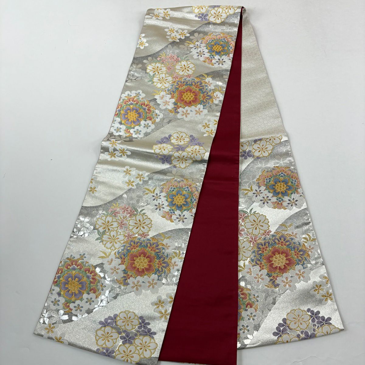 振袖禮服 身長160.5cm 袖長63.5cm S 雙層 袋帶全套 花車 枝花 金絲 金銀彩 茶 純蠶絲 優品級