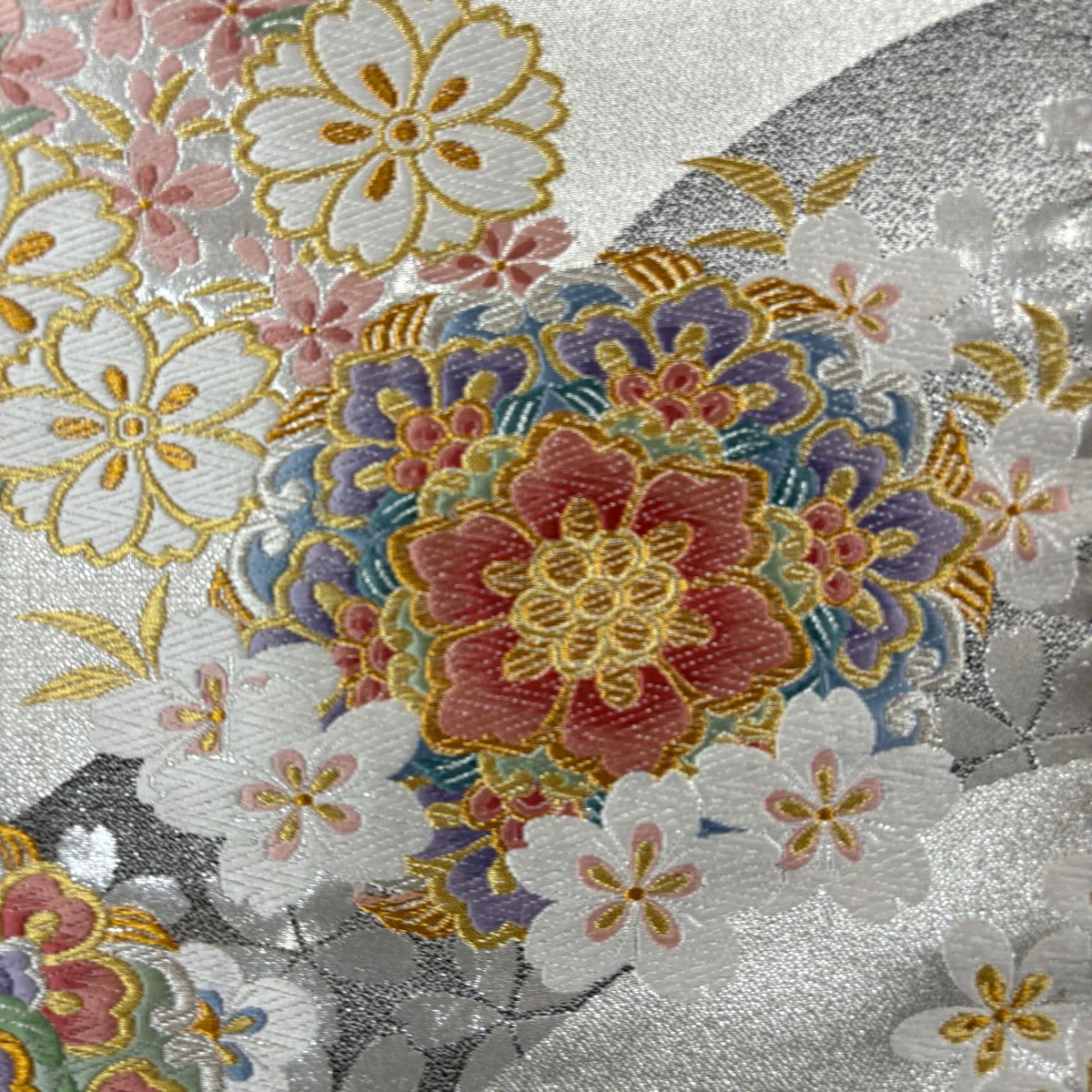 振袖禮服 身長160.5cm 袖長63.5cm S 雙層 袋帶全套 花車 枝花 金絲 金銀彩 茶 純蠶絲 優品級