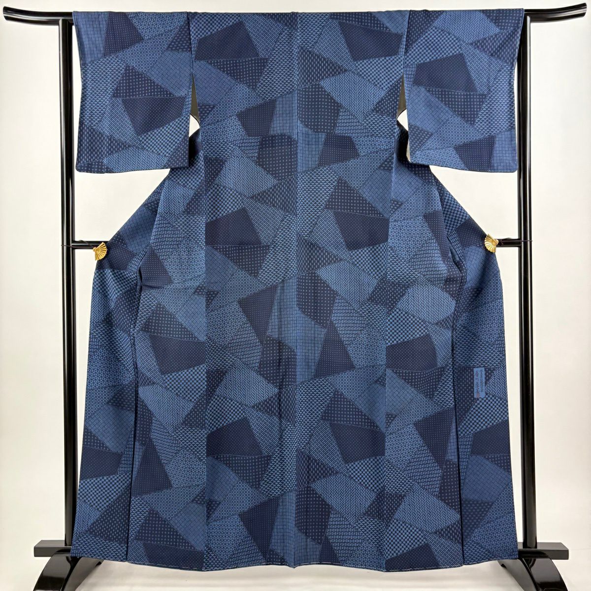【美品】 小紋 身長162.5cm 袖長63cm S 雙層 名古屋帶套裝 落款あり 寄せ柄 鱗 深藍 純蠶絲 名品級