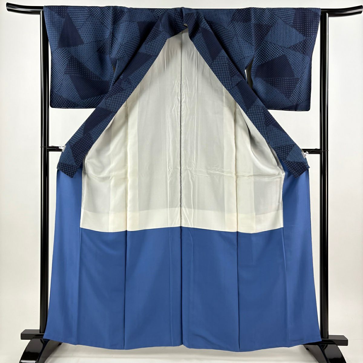 【美品】 小紋 身長162.5cm 袖長63cm S 雙層 名古屋帶套裝 落款あり 寄せ柄 鱗 深藍 純蠶絲 名品級