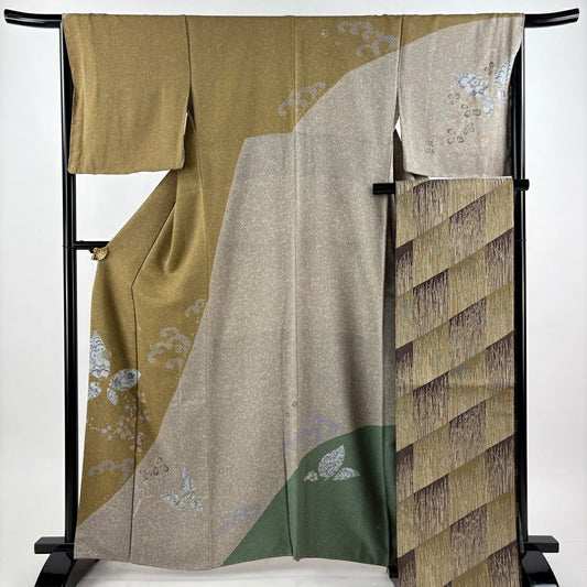【美品】訪問服 身長163cm 袖長66.5cm M 雙層 大脇一心 袋帶套裝 落款あり 辻花染 蝶 絞染 黃土色 純蠶絲 名品級