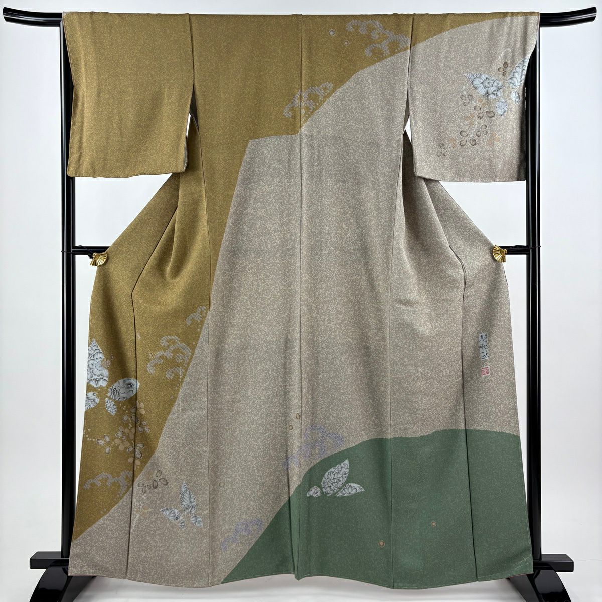 【美品】訪問服 身長163cm 袖長66.5cm M 雙層 大脇一心 袋帶套裝 落款あり 辻花染 蝶 絞染 黃土色 純蠶絲 名品級