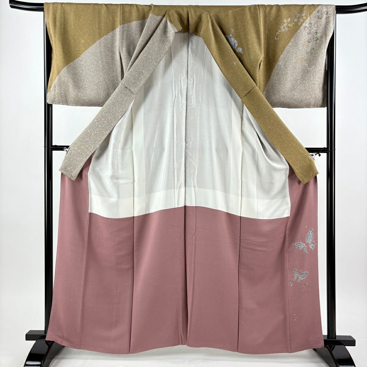 【美品】訪問服 身長163cm 袖長66.5cm M 雙層 大脇一心 袋帶套裝 落款あり 辻花染 蝶 絞染 黃土色 純蠶絲 名品級