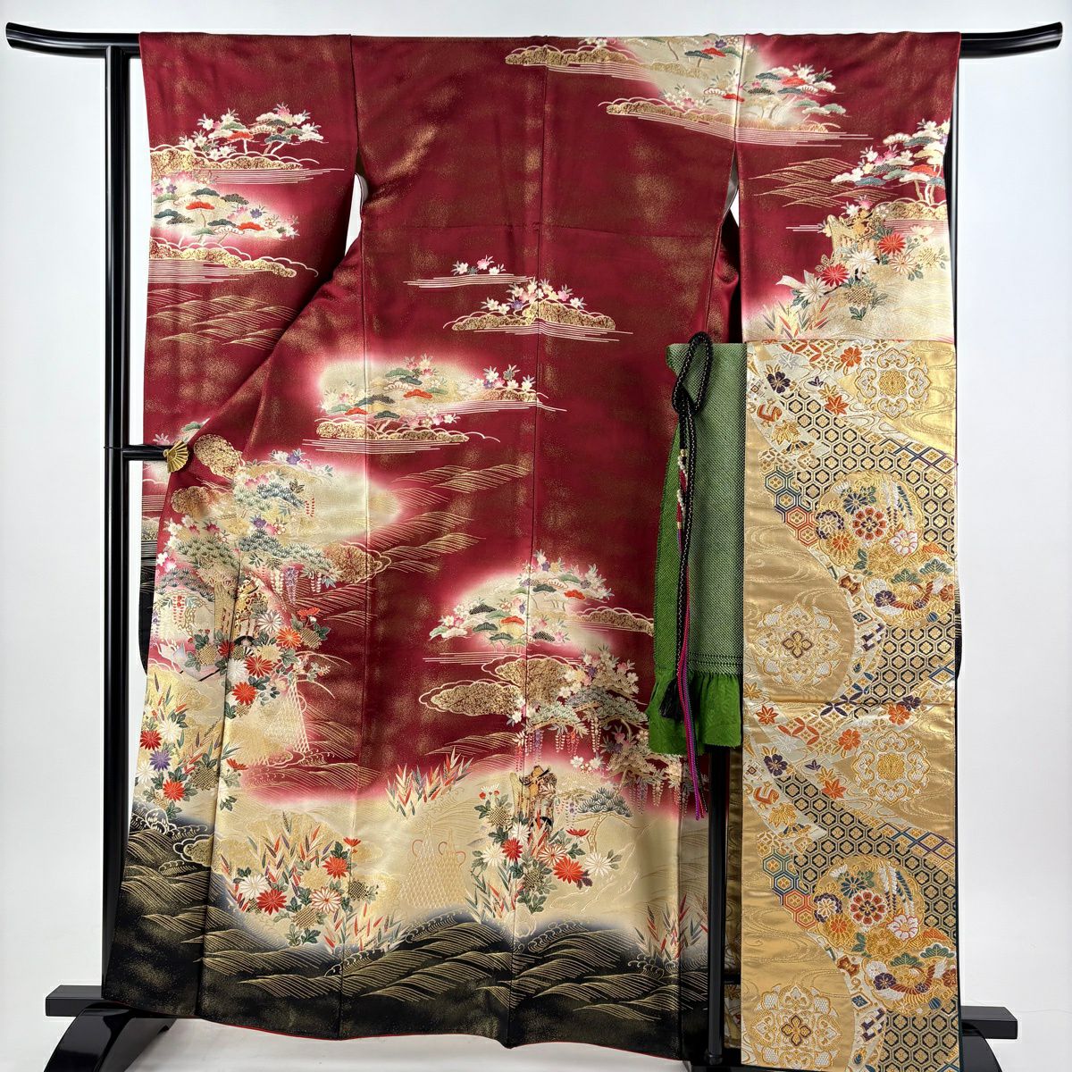 【美品】振袖禮服 身長163cm 袖長64cm M 雙層 袋帶全套 御所車 草花紋紋 金通 金銀彩 深紅 純蠶絲 名品級