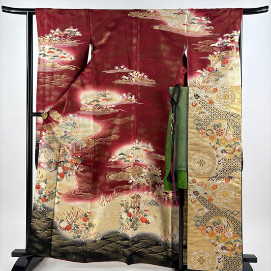 【美品】振袖禮服 身長163cm 袖長64cm M 雙層 袋帶全套 御所車 草花紋紋 金通 金銀彩 深紅 純蠶絲 名品級