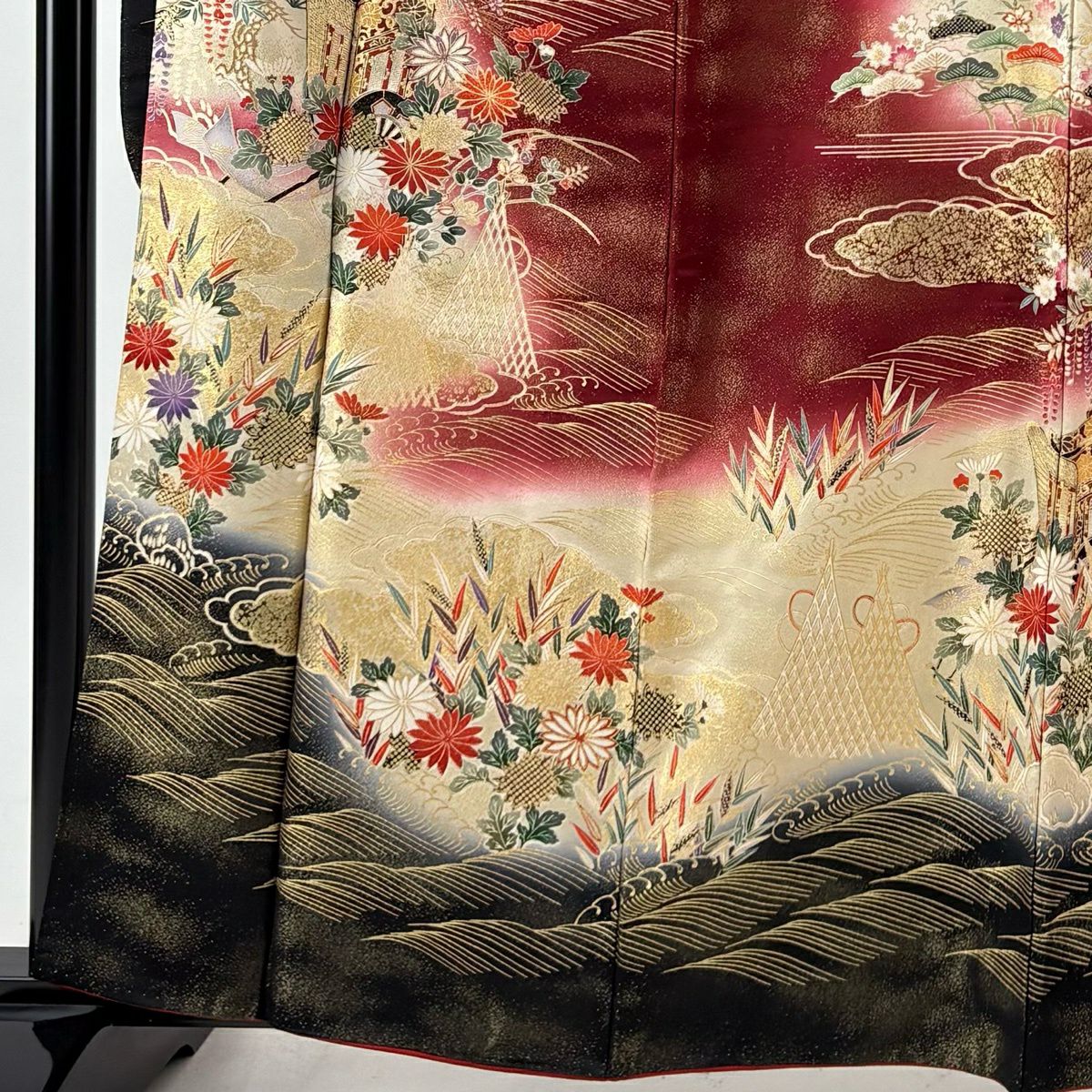 【美品】振袖禮服 身長163cm 袖長64cm M 雙層 袋帶全套 御所車 草花紋紋 金通 金銀彩 深紅 純蠶絲 名品級