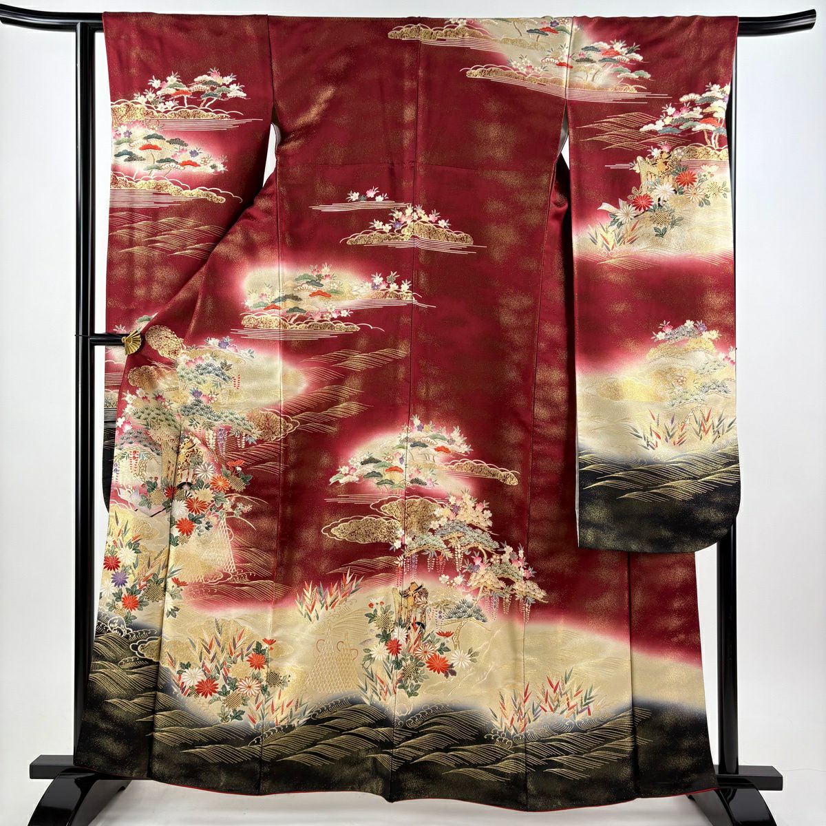 【美品】振袖禮服 身長163cm 袖長64cm M 雙層 袋帶全套 御所車 草花紋紋 金通 金銀彩 深紅 純蠶絲 名品級