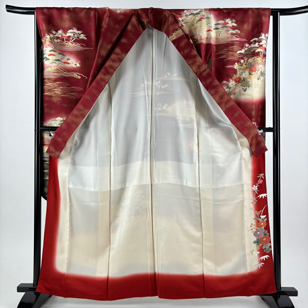 【美品】振袖禮服 身長163cm 袖長64cm M 雙層 袋帶全套 御所車 草花紋紋 金通 金銀彩 深紅 純蠶絲 名品級