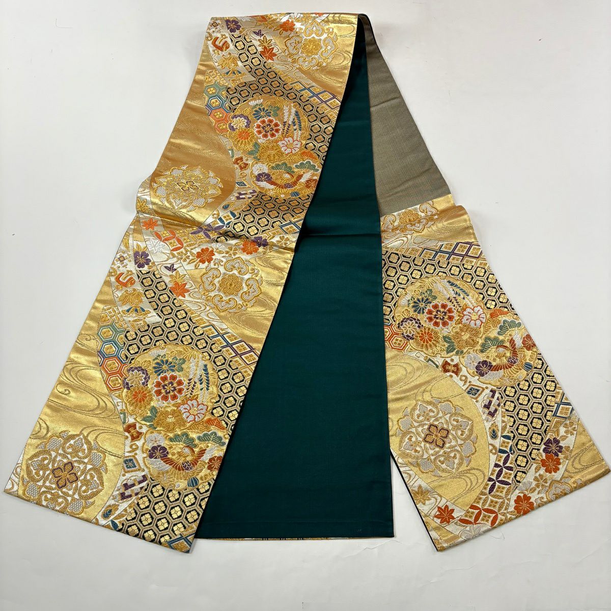【美品】振袖禮服 身長163cm 袖長64cm M 雙層 袋帶全套 御所車 草花紋紋 金通 金銀彩 深紅 純蠶絲 名品級