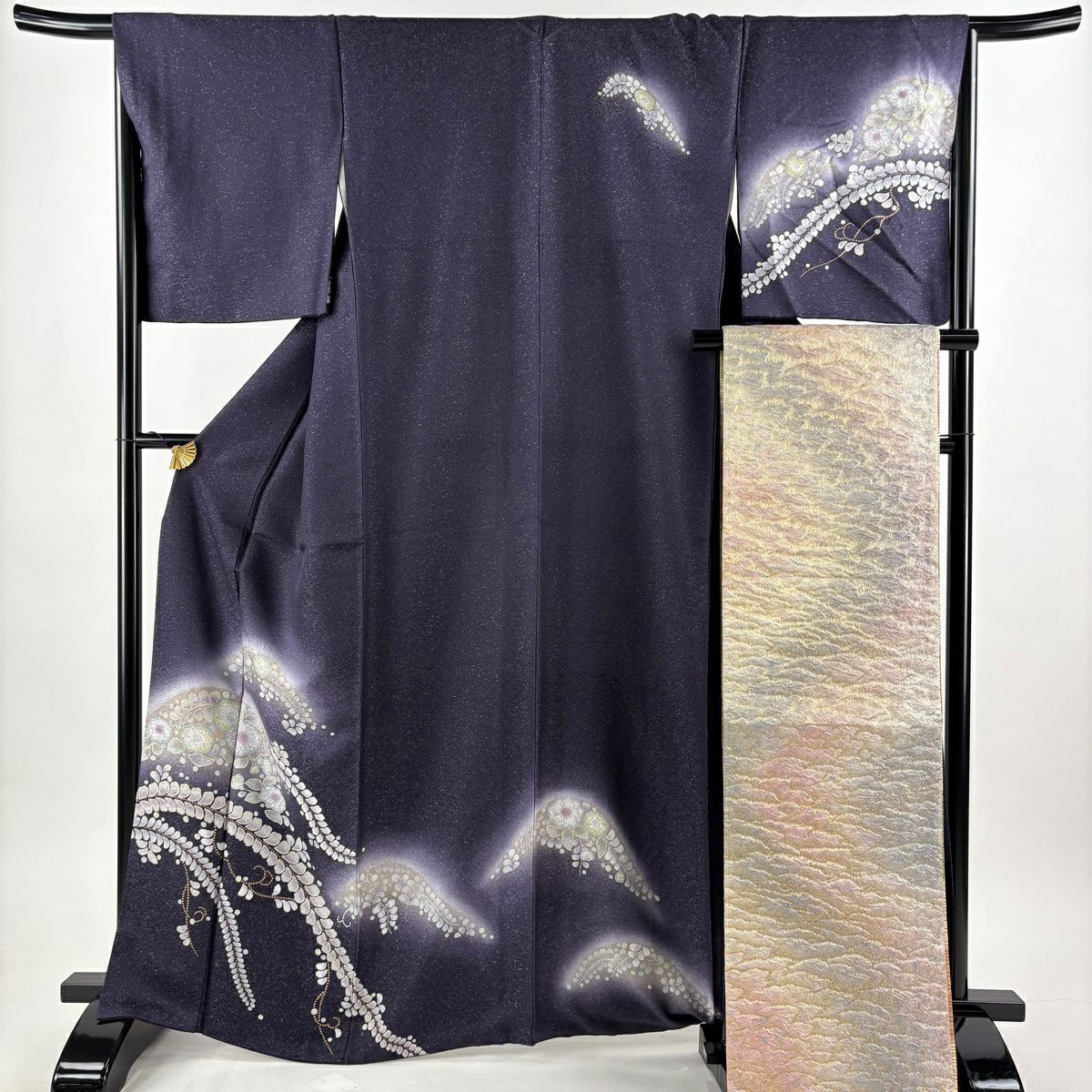 【美品】 付下 身長165cm 袖長66.5cm M 雙層 袋帶套裝 辻花染 銀通 金銀彩 深紫 純蠶絲 秀品級