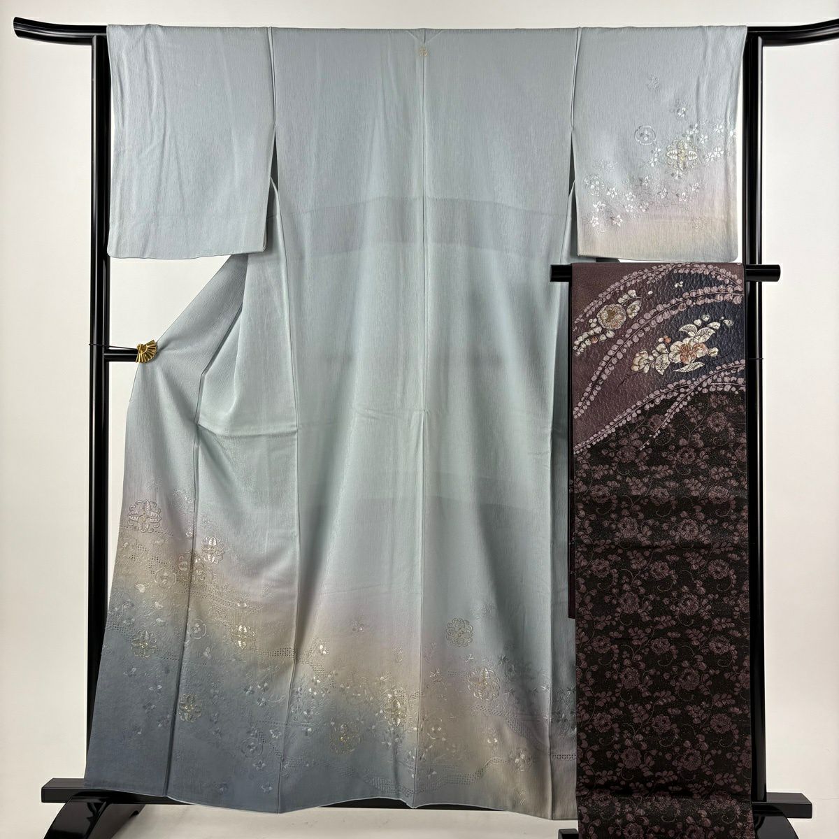 付下 身長159cm 袖長62.5cm S 雙層 袋帶套裝 華紋 草花紋紋 金糸刺繡 青灰 純蠶絲 秀品級 一つ紋