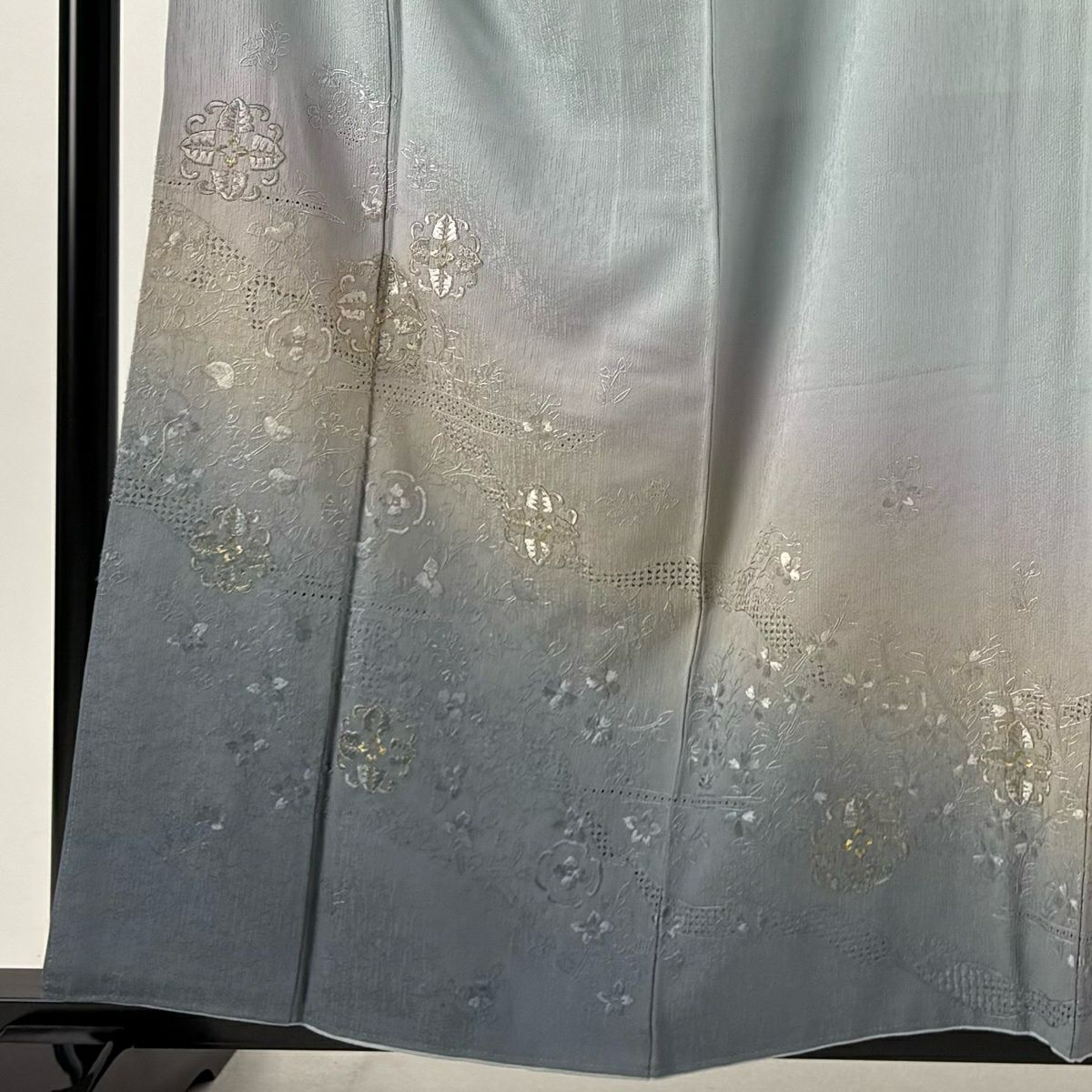 付下 身長159cm 袖長62.5cm S 雙層 袋帶套裝 華紋 草花紋紋 金糸刺繡 青灰 純蠶絲 秀品級 一つ紋