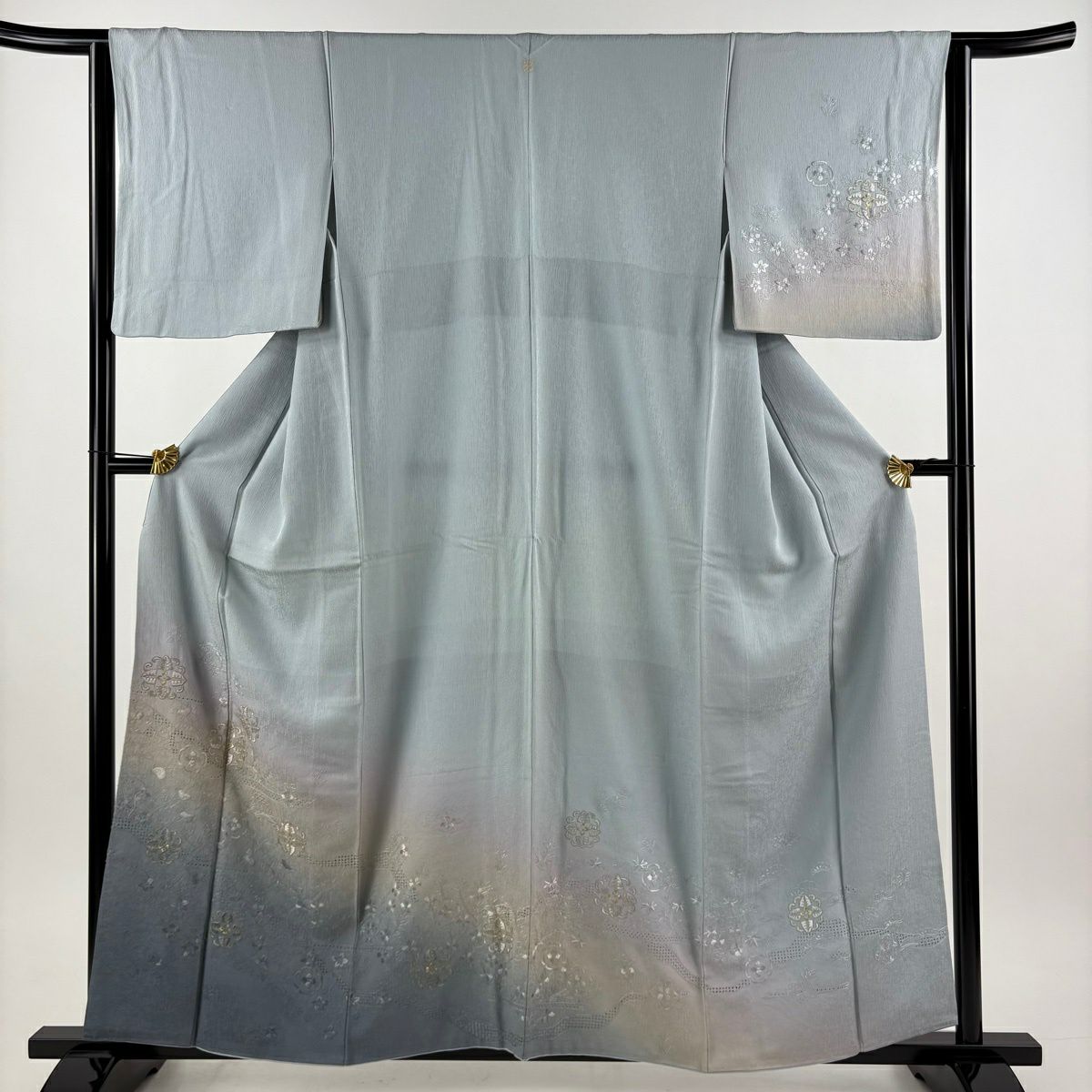 付下 身長159cm 袖長62.5cm S 雙層 袋帶套裝 華紋 草花紋紋 金糸刺繡 青灰 純蠶絲 秀品級 一つ紋
