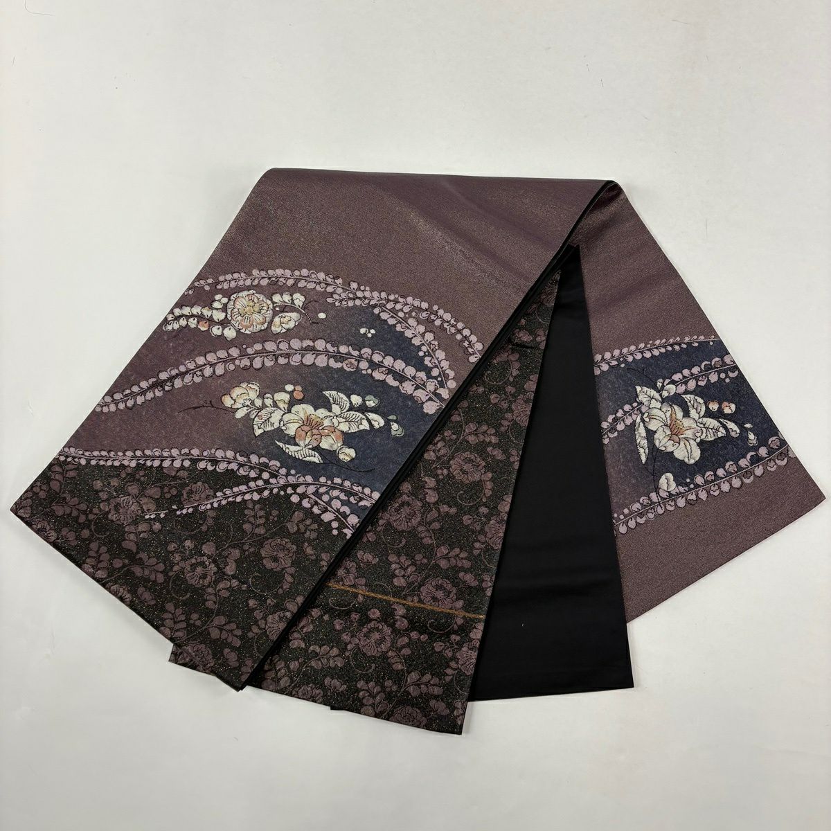 付下 身長159cm 袖長62.5cm S 雙層 袋帶套裝 華紋 草花紋紋 金糸刺繡 青灰 純蠶絲 秀品級 一つ紋