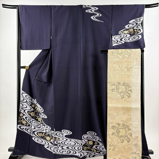 【美品】訪問服 身長166cm 袖長66cm M 雙層 袋帶套裝 花唐草紋 流水 金彩裝飾 深藍 純蠶絲 秀品級