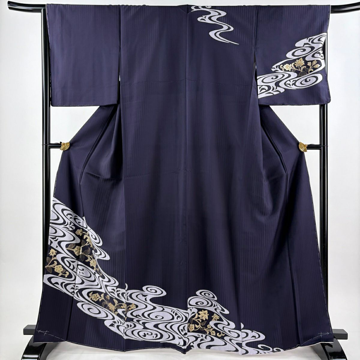 【美品】訪問服 身長166cm 袖長66cm M 雙層 袋帶套裝 花唐草紋 流水 金彩裝飾 深藍 純蠶絲 秀品級