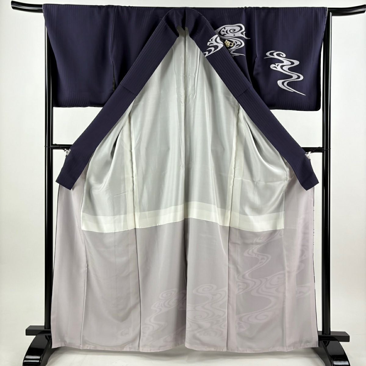 【美品】訪問服 身長166cm 袖長66cm M 雙層 袋帶套裝 花唐草紋 流水 金彩裝飾 深藍 純蠶絲 秀品級