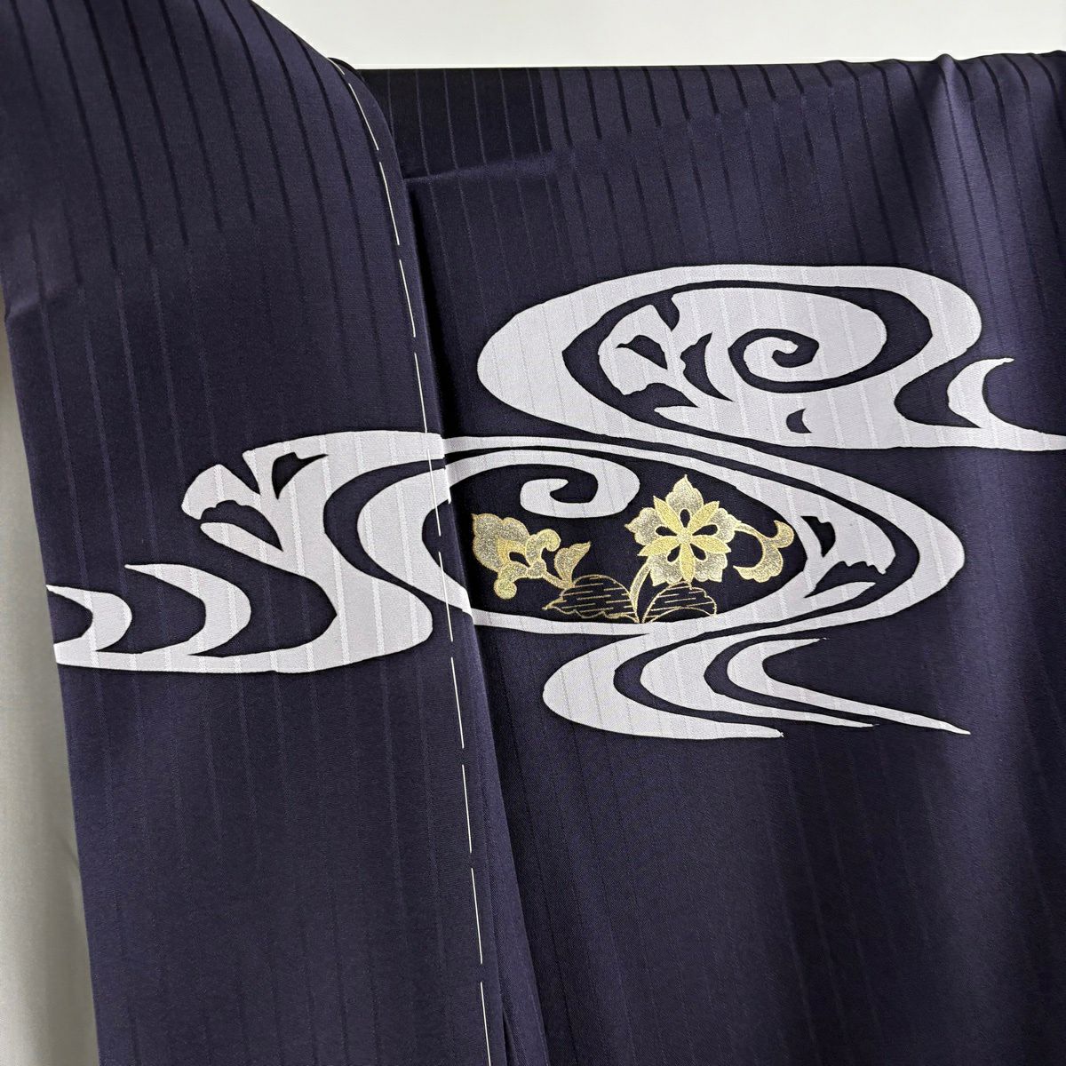 【美品】訪問服 身長166cm 袖長66cm M 雙層 袋帶套裝 花唐草紋 流水 金彩裝飾 深藍 純蠶絲 秀品級