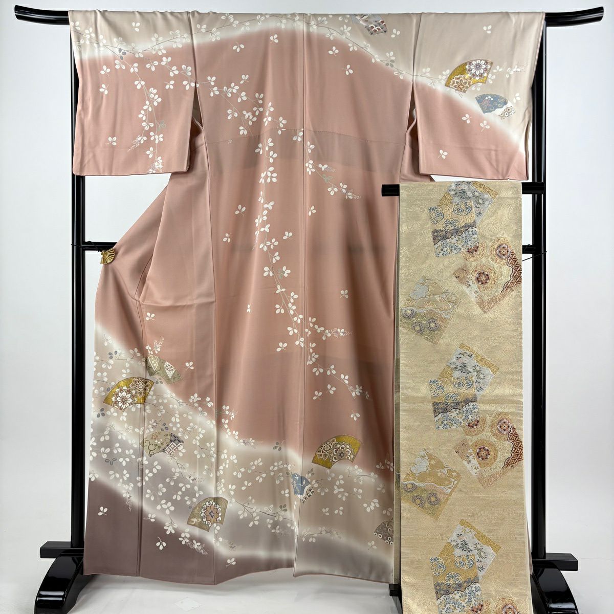 【美品】訪問服 身長163.5cm 袖長67cm M 雙層 袋帶套裝 扇子面 華紋 金絲 金銀彩 粉米色 純蠶絲 秀品級