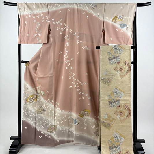 【美品】訪問服 身長163.5cm 袖長67cm M 雙層 袋帶套裝 扇子面 華紋 金絲 金銀彩 粉米色 純蠶絲 秀品級