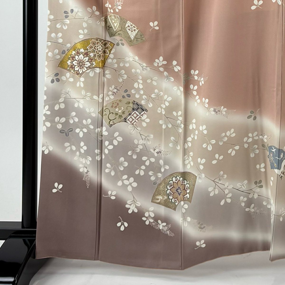 【美品】訪問服 身長163.5cm 袖長67cm M 雙層 袋帶套裝 扇子面 華紋 金絲 金銀彩 粉米色 純蠶絲 秀品級