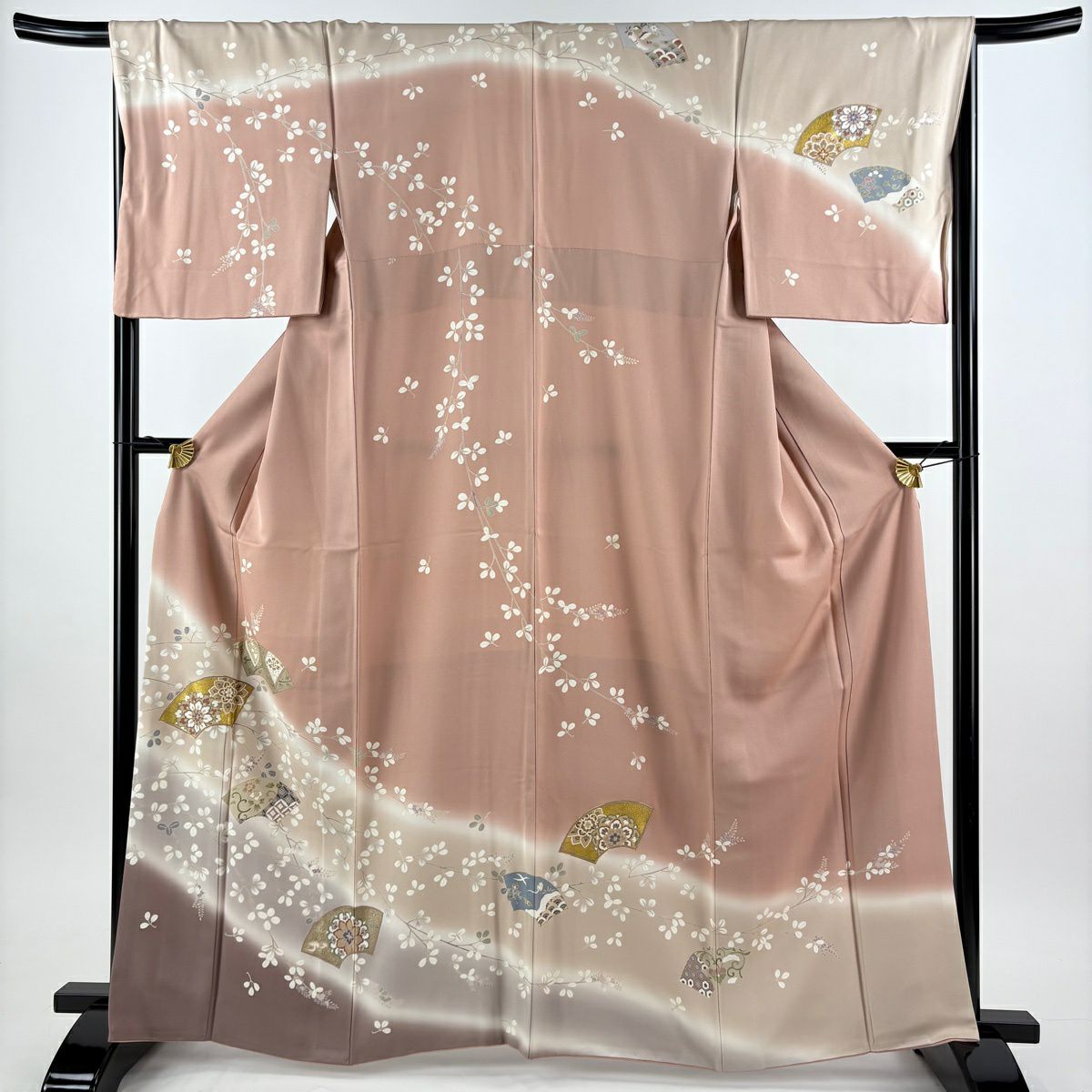【美品】訪問服 身長163.5cm 袖長67cm M 雙層 袋帶套裝 扇子面 華紋 金絲 金銀彩 粉米色 純蠶絲 秀品級
