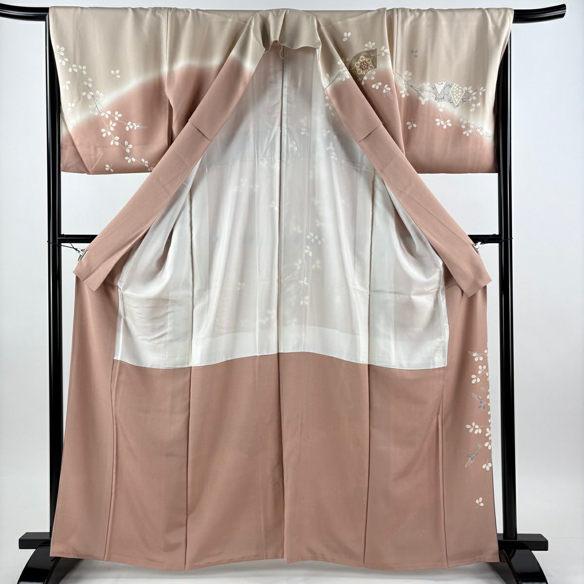 【美品】訪問服 身長163.5cm 袖長67cm M 雙層 袋帶套裝 扇子面 華紋 金絲 金銀彩 粉米色 純蠶絲 秀品級