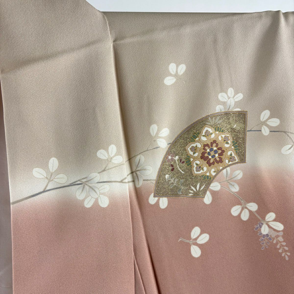 【美品】訪問服 身長163.5cm 袖長67cm M 雙層 袋帶套裝 扇子面 華紋 金絲 金銀彩 粉米色 純蠶絲 秀品級