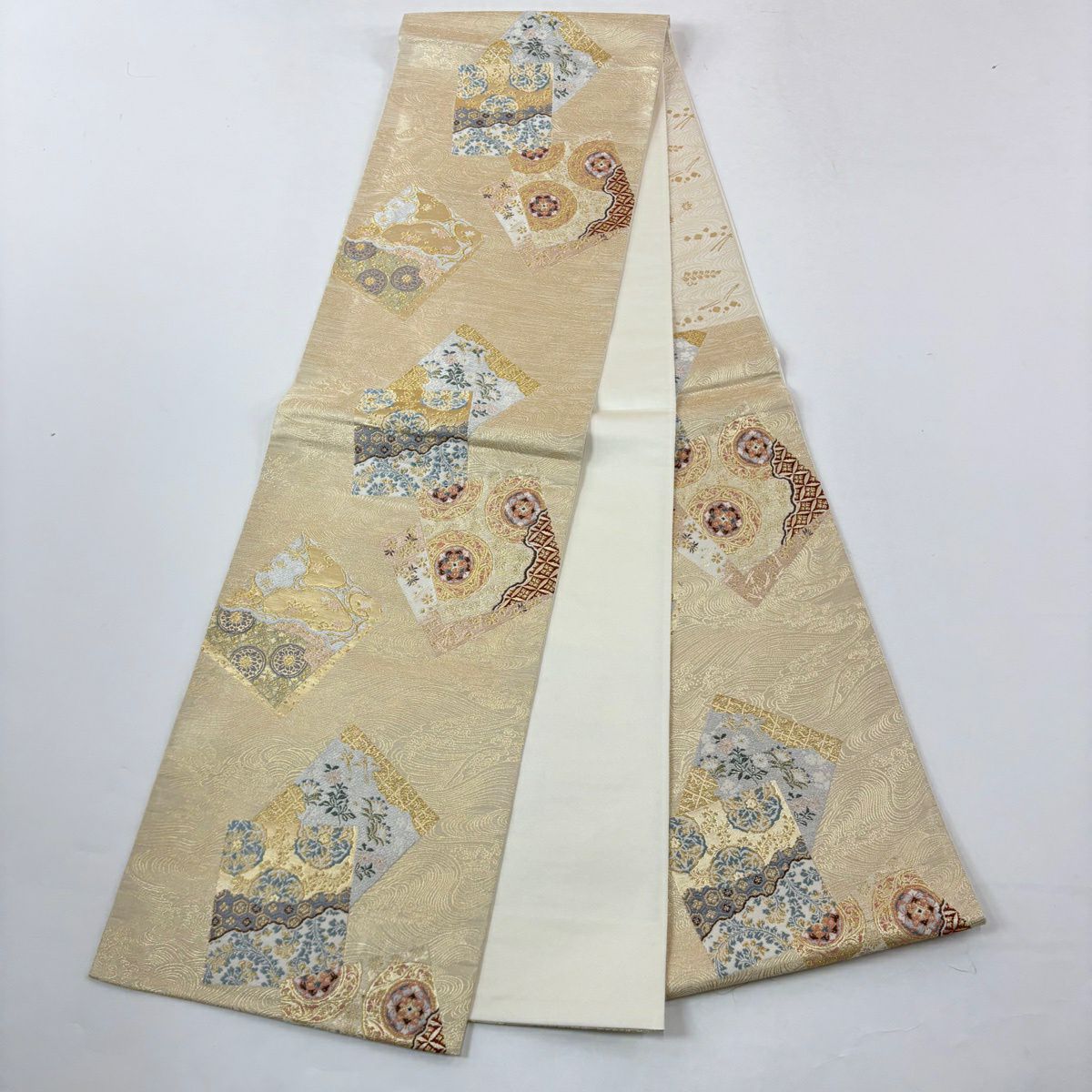 【美品】訪問服 身長163.5cm 袖長67cm M 雙層 袋帶套裝 扇子面 華紋 金絲 金銀彩 粉米色 純蠶絲 秀品級