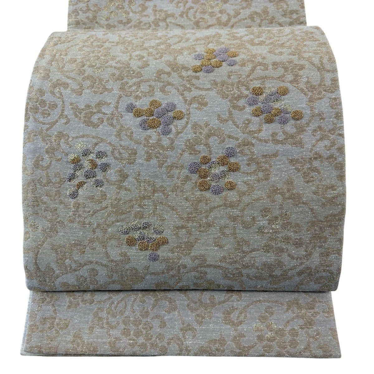 【美品】 袋帶 逸品級 蒋雪英 落款 葡萄唐草紋 刺繡 金金箔 金色 大鼓圖案 純蠶絲