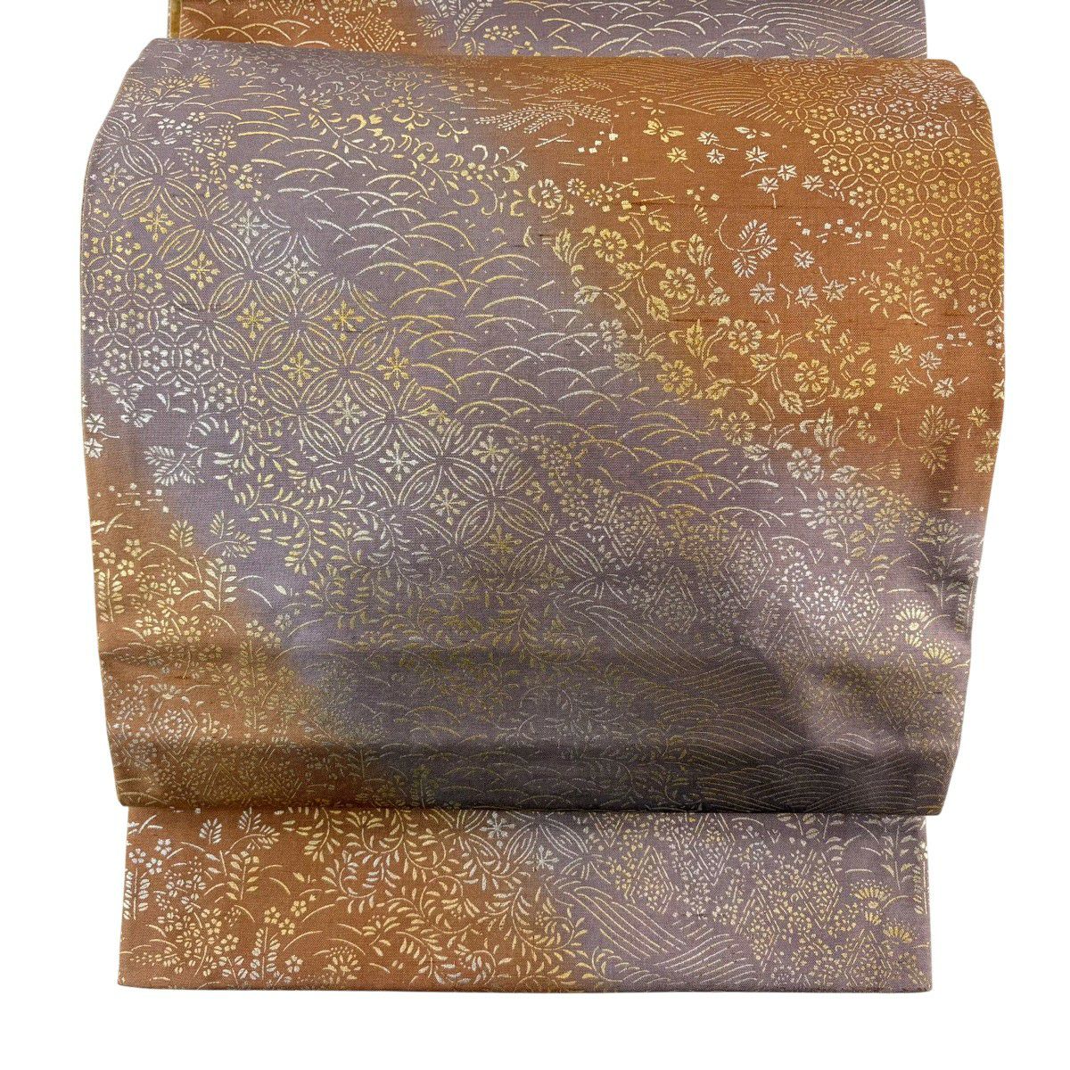 【美品】 袋帶 秀品級 紬織織 草花紋紋 七寶紋 金銀彩 灰紫 全通 純蠶絲